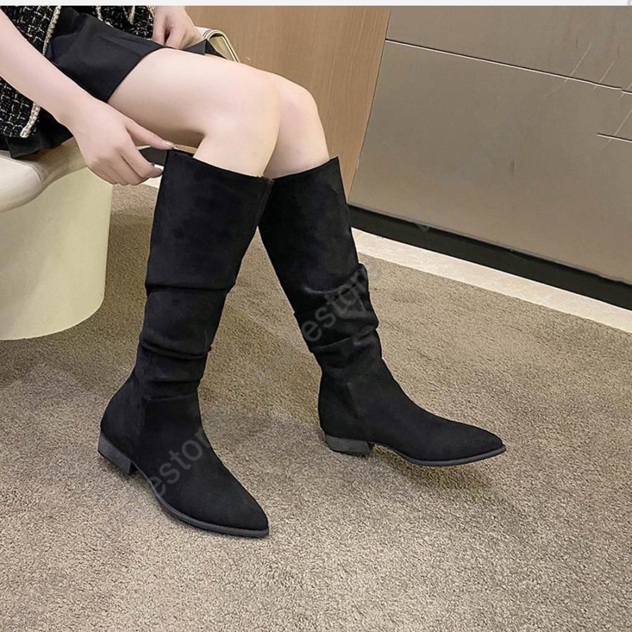ロングブーツ レディース ジョッキーブーツ ロング丈 ポインテッドトゥ スエード調 太ヒール コーンヒール 美脚ブーツ 黒 可愛い シンプル 美脚 通勤 おしゃれ