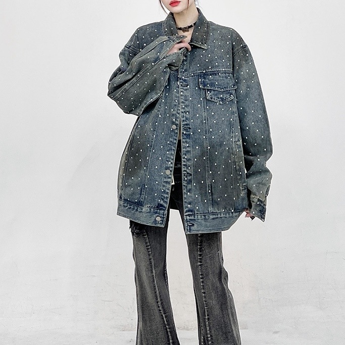 ドット柄 オーバーサイズ デニム ジャケット レディース ジャケット Gジャン ロング 長袖 襟付き 角襟 ボタンダウン ストリート 前開き 大人可愛い カジュアル おしゃれ かっこいい レトロ