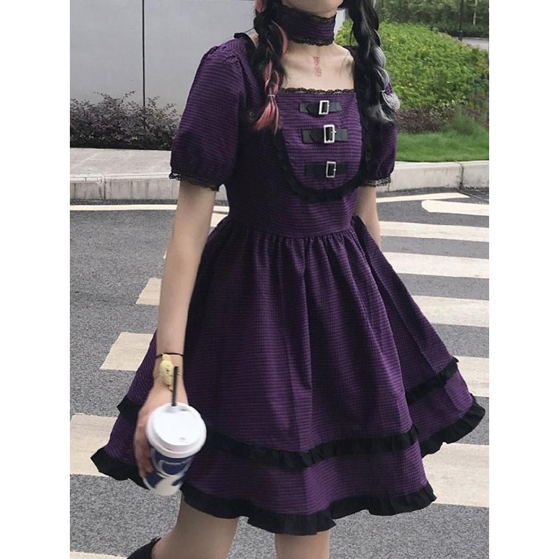 ゴシックロリータオプドレススクエアネック半袖チェック柄パターンポリエステルカジュアルロリータワンピースドレス-228