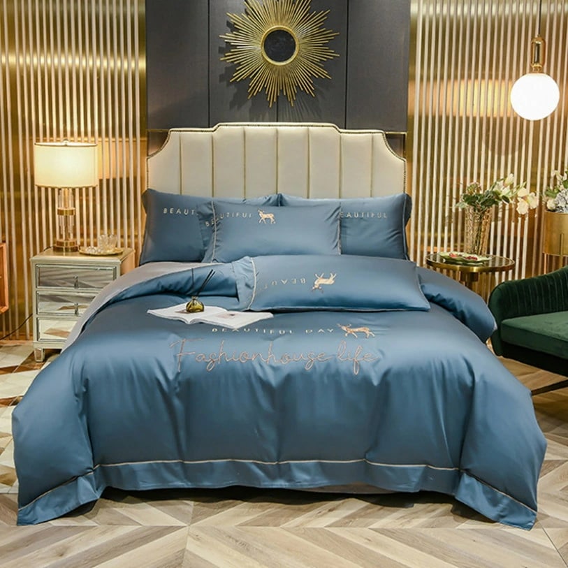 掛け布団カバー 英字刺繍 フラットシーツ 掛ふとんカバー 姫系 寝具カバーセット シルク見たい 接触冷感 掛け布団カバー 4点セット ダブル 敷き布団カバー 3点セットシングル クイーン ボックスシー 9,295円