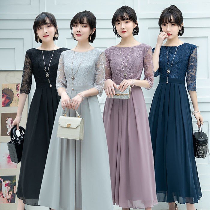 パーティードレス 結婚式 ロング丈ワンピース お呼ばれ おしゃれ フォーマルパーティー 30代 40代 50代 袖あり 成人式 同窓会フレア Aライン 大きいサイズ