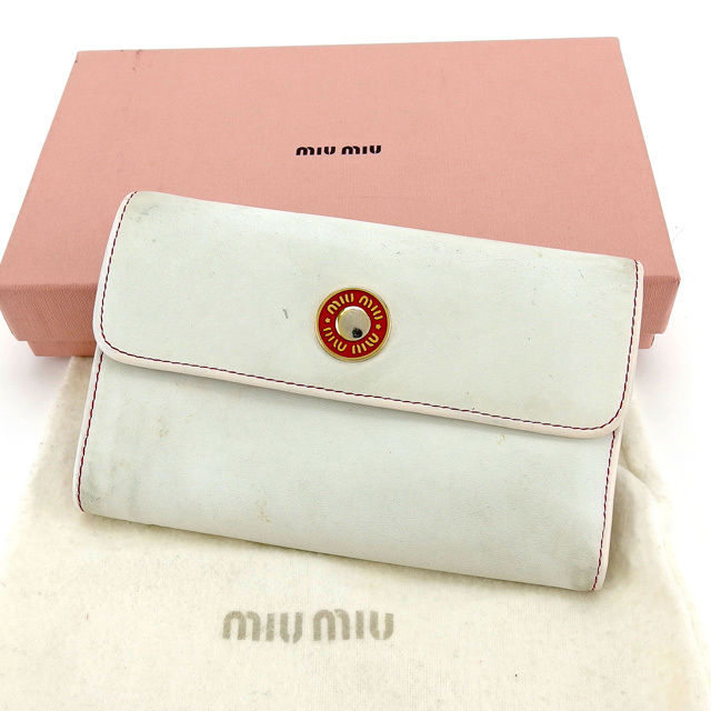 三つ折り財布 中長財布 ロゴボタン ホワイト レッド ゴールド 中古