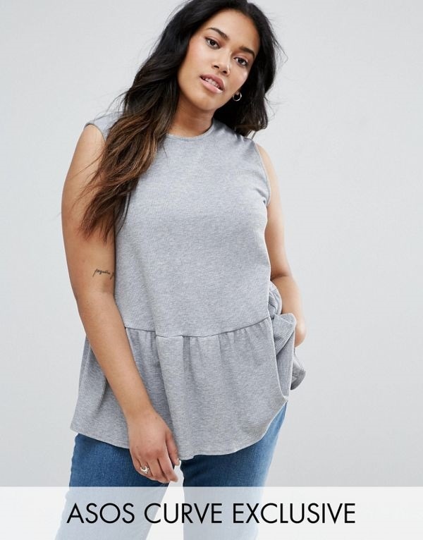 ASOS エイソス レディース 大きめサイズ ゆったりサイズ 送料無料 Grey CURVE Ribbed Swing Top with Ruffle Hem