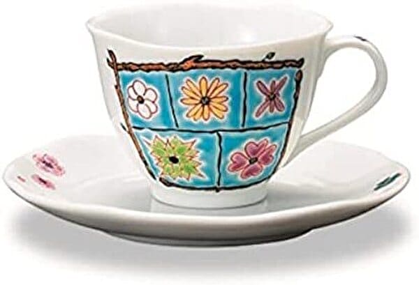 『九谷焼』コーヒーカップフラワーBOX ライトブルー 岩田玲子作 AP6-5085