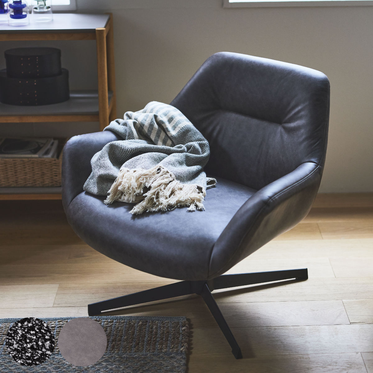 リビングチェア 座面高42cm クロスレザー生地 ファブリック生地 回転式 ラウンジチェア リラックスチェア 椅子 レザー調 布 グレー 書斎 リビング チェア ホテルライク 座り心地 快適