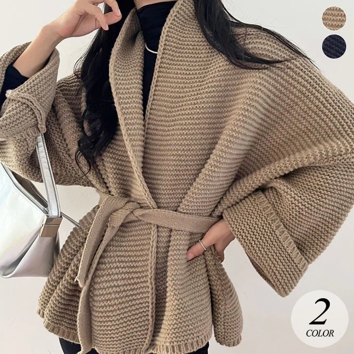 ニット ガウン コート アウター ベルト付き 長袖 カーディガン レディース 厚手 ざっくり ショール 可愛い 流行 カジュアル きれいめ シンプル 大人可愛い 秋 冬 防寒 ゆったり 大きめ 無地