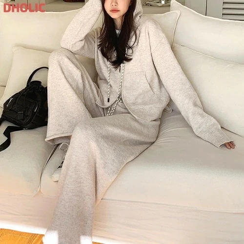 ニットソフトフードポケットウエストゴムルーズ長袖ワイドセットアップパンツジップパーカー・1941000