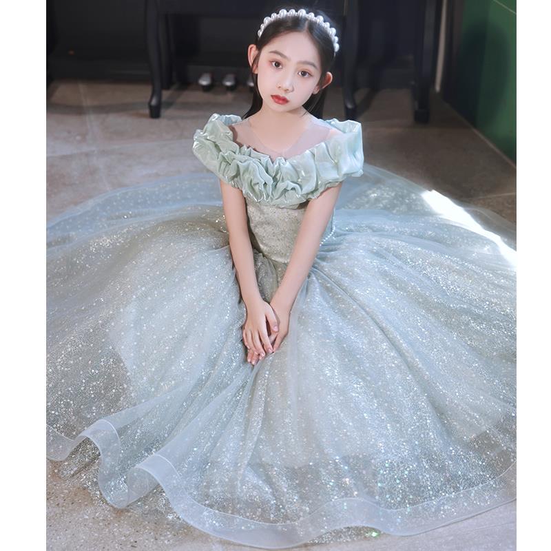 今月上新子供ドレス グリーン ピアノ発表会ドレス ロングドレス オフショルダー パール 可愛い 演奏会ドレス シャンパン色 女児ドレス ピアノ発表会 コンクール キッズドレス フォーマル 100~16