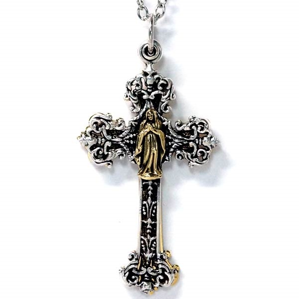 シルバー925 ペンダント ネックレス グアダルーペ 聖母 マリア クロス 百合の花 十字紋章 ツインプレート ブラス ゴールド メンズ