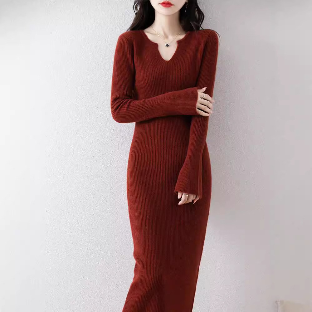 おしゃれな気質のドレススタイルの純粋なウールのニットロングスカートとの女性のための長いカシミア膝丈長袖セータードレス