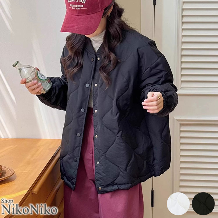 ウェーブキルティング ノーカラー 中綿ブルゾン【即納】 レディース 韓国 プチプラ おしゃれ