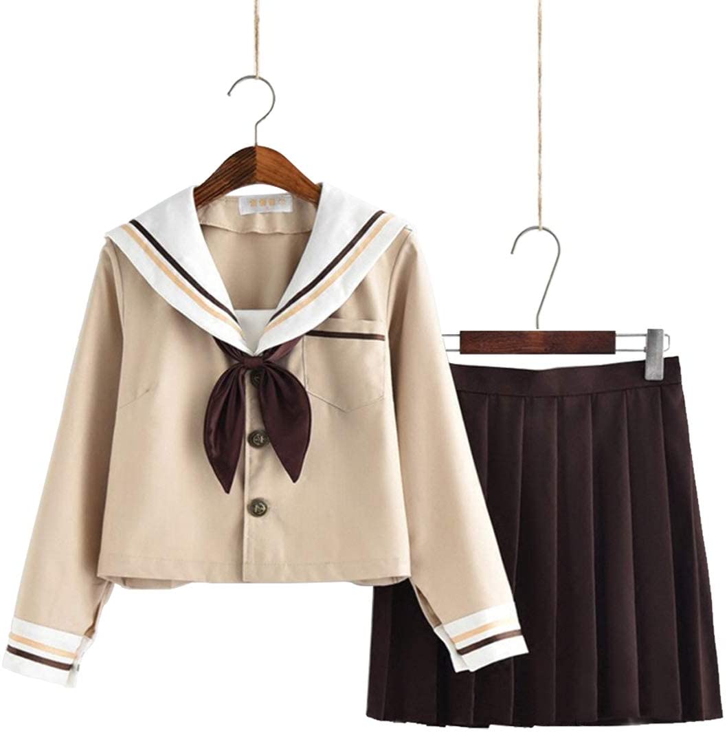 セーラー服 長袖 茶色人気 学生服 上着下着 夏物 プリーツスカート 女子高校 制服+ギフトソックス