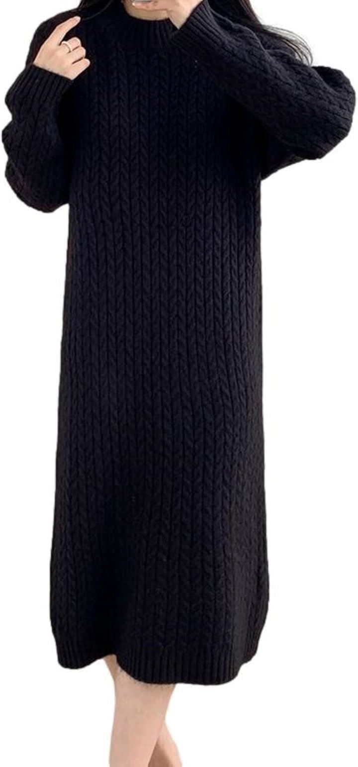 ワンピース レディース ニット ケーブル編み ラウンドネック 膝下丈 長袖 Iライン ゆったり ニットプルオーバー 大人っぽい リッチ シャレ感 シルエット 編み上げ(ブラック, M)