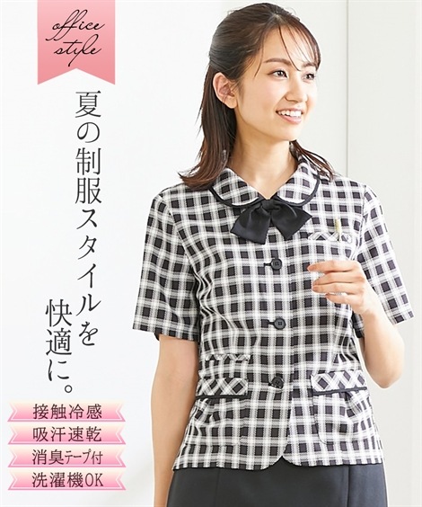 ワンピーススーツ 事務服会社制服 取り外しリボン付オーバーブラウス 接触冷感吸汗速乾消臭テープ付ワンピーススーツ