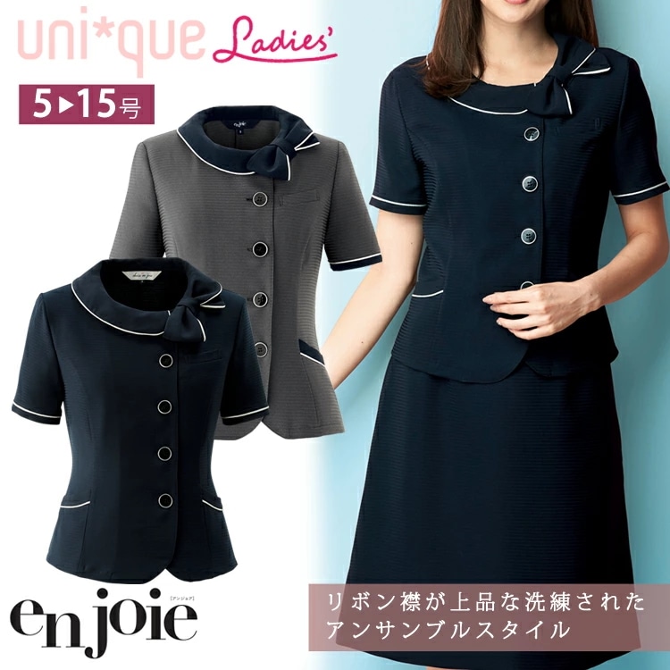 アンジョア レディース 半袖 オーバーブラウス 26600 春夏 ストレッチ 接触冷感 吸汗速乾 リボン ライトジャケット オフィス ユニフォーム 人気 制服 通勤 事務服 夏服 定番 ジョア