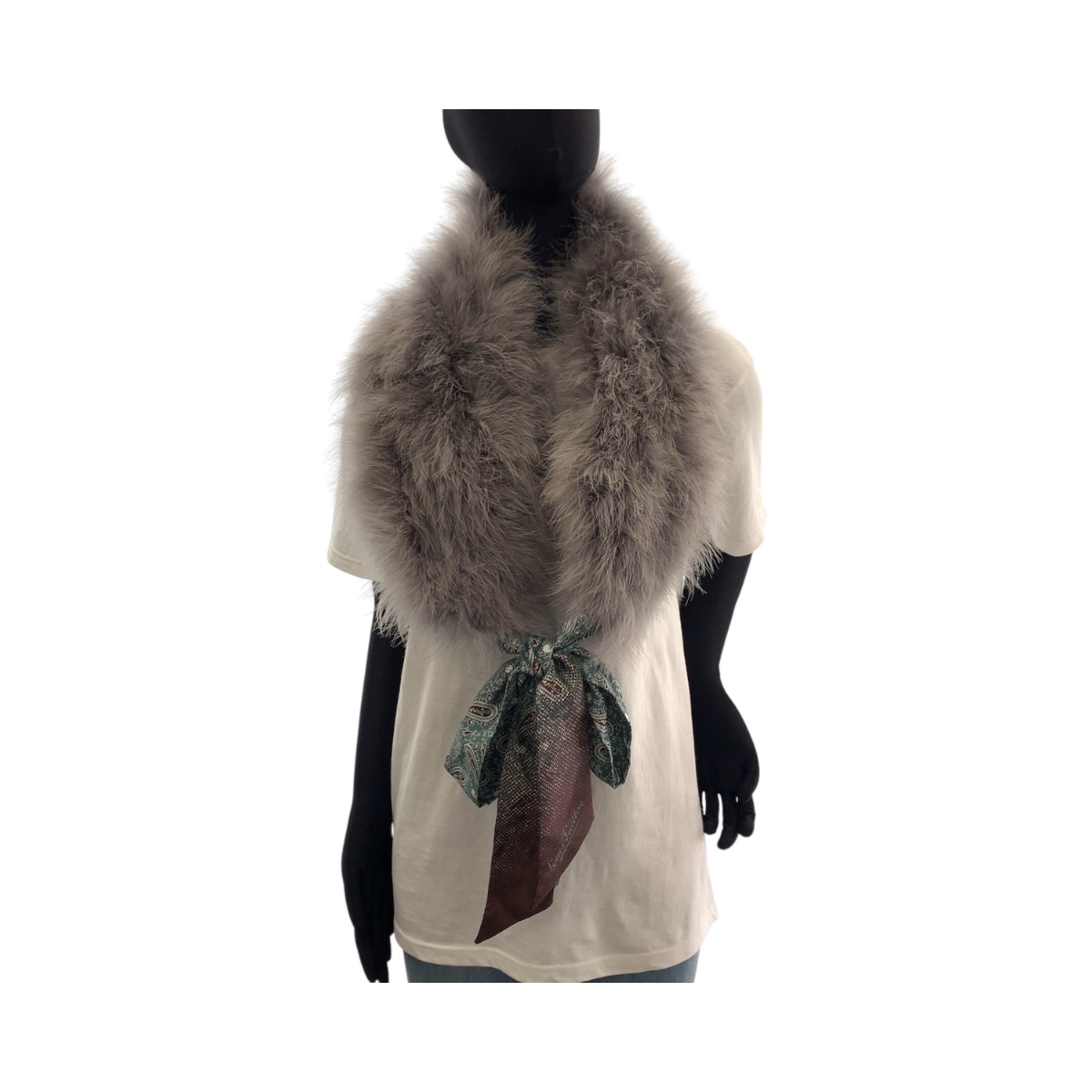 美品 ペイズリー柄 グレー グリーン ファー/シルク MP1258 マフラー ストールティペット レディース 501573