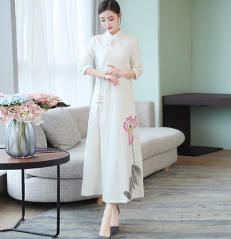 チャイナ服デザインワンピース ロング丈 袖あり 綿 爽やか 大人スタイル 大人可愛い きれいめ シンプル カジュアル 大人 上品 おしゃれ かっこいい レトロ アジアン 大人可愛い 大人女子