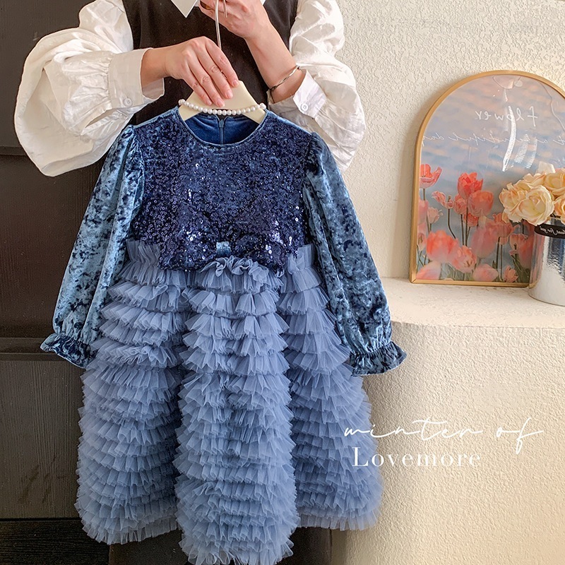 韓国の子供服プリンセスドレス女の子ドレス25プラスベルベットファッショナブルなヘビーメッシュドレス