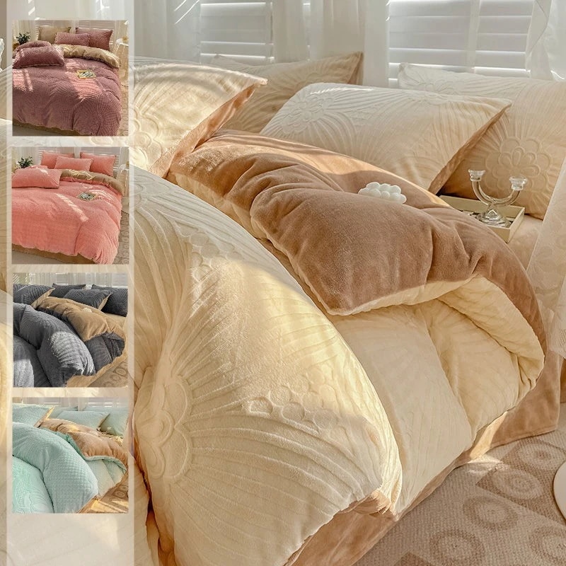 韓国ファッション 布団カバー 冬用 毛布 暖かい 厚手 ベッドカバー ダブルサイズ 掛け布団カバーボックスシーツ 抗菌防臭 洗える 寝具 ベッド用品 セミダブル ダブル クイーン