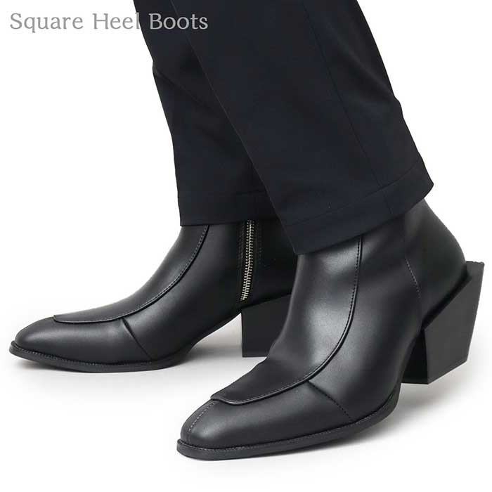 サイズ:L(27.0-27.5cm) メンズ スクエア ヒール ブーツ SQUARE HEEL BOOTS サイドジップ ハイヒールブーツ ヒール7cm 撥水 GLBB-274