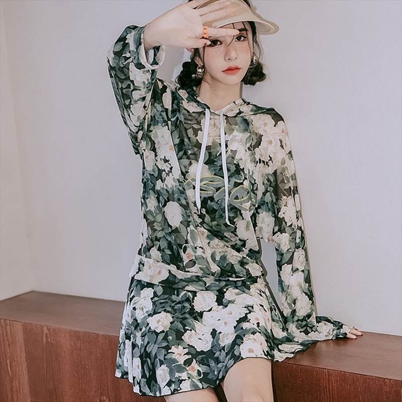 タンキニ 水着 スカート ラッシュガード 3点セット 花柄 ボタニカル グリーン 緑 おしゃれ 可愛い 個性的 セパレート 水着 ビキニ フード付き トップス シャツ 羽織 長袖 カジュアル スポーテ