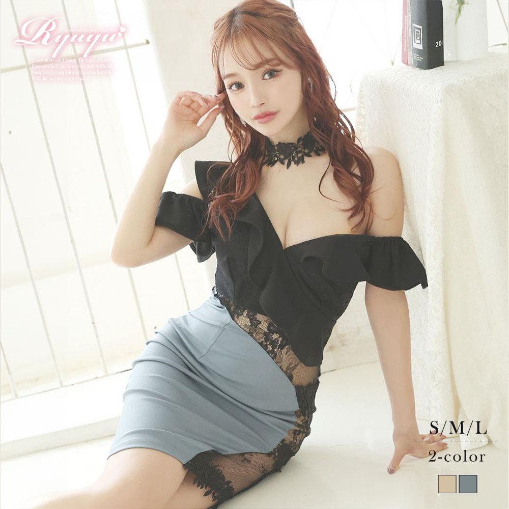 キャバドレス ミニ えちえち エロい セクシー ワンショル 肌見せ 男ウケ ランジェリードレス タイト ミニ丈 黒 Ryuyu