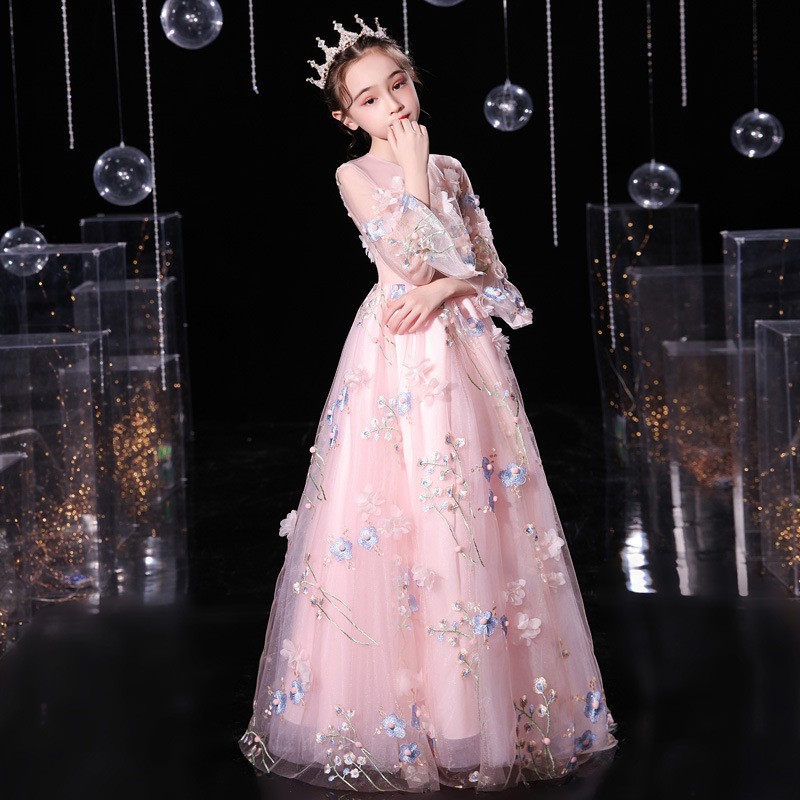 女の子のドレス2025子供用ピンクのドレスミディアムビッグチルドレンプリンセスドレスふくれっ面の長いスカートショーショー服