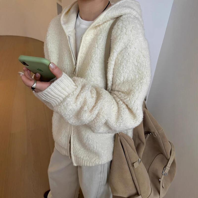 gifts for women keep warm 怠惰な厚みのある秋と冬の新しい暖かい粒状ラムウールのジッパーフード付きコート女性の多用途セーターカーディガン