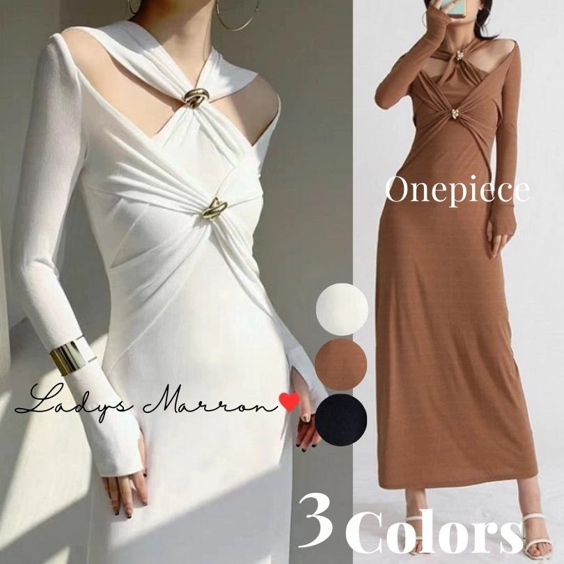 6月の新製品期間限定オファー パーティーワンピース パーティードレス かっこいい 個性的 ワンピース ロングワンピース 韓国 無地 クロス ねじり 春 秋 長袖 ロング丈 可愛い フロントカット タイ