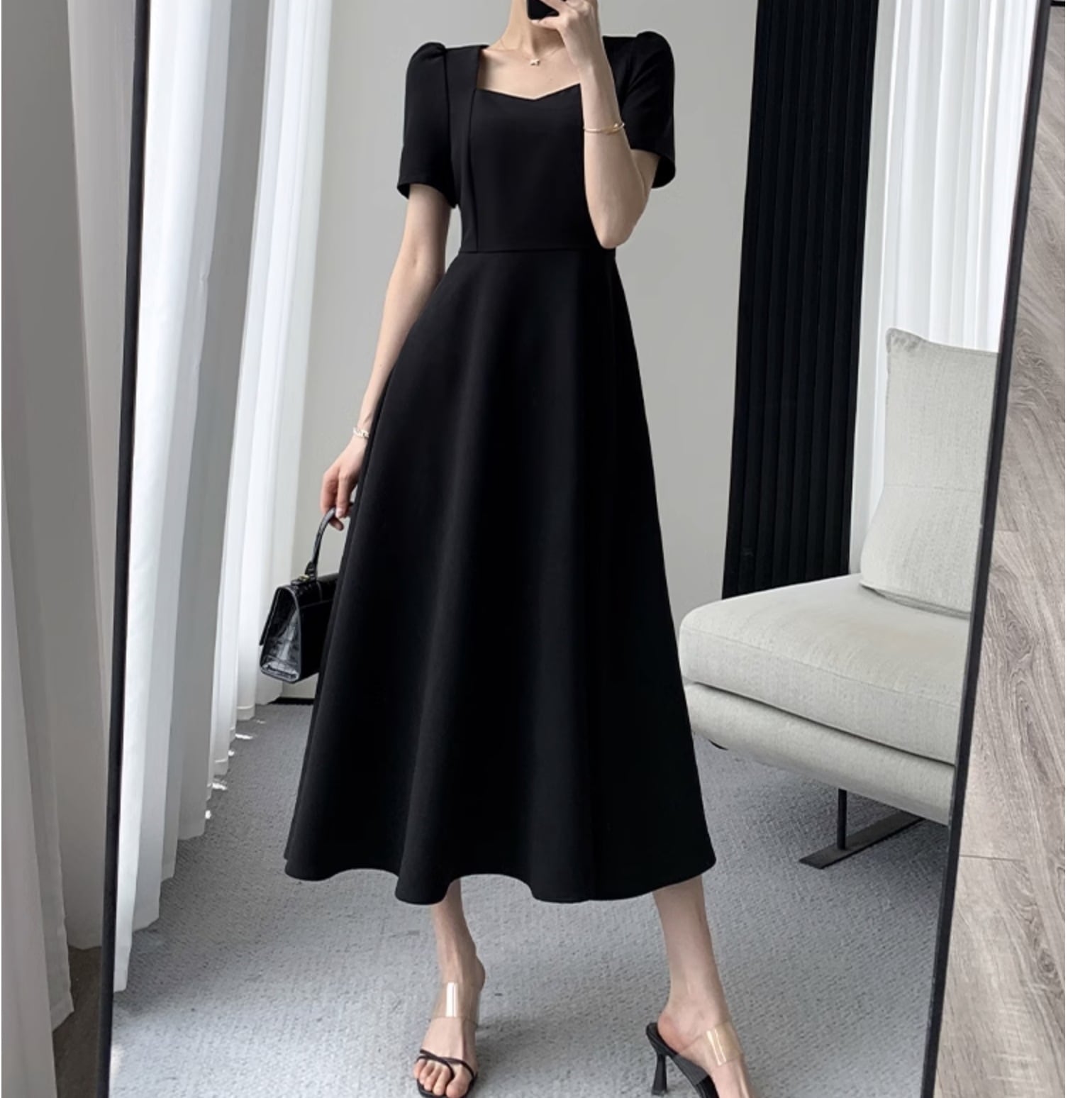 個性的 夏服 ワンピース ワンピドレス フレアワンピース ロジスワンピ ロング アンクル 袖あり 半袖 五分袖 パフスリーブ スクエアネック フレア セミフレア Aライン 切り替えデザイン 5,702円