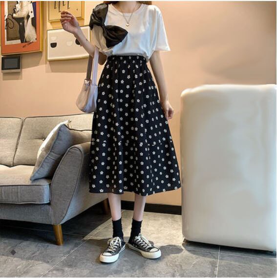 2色 スカート 春夏 カジュアル フレアスカート ミモレ丈 ミディアム丈 ドット柄 水玉 ウエスト ゴム 白 ホワイト 黒 ブラック かわいい 大人可愛い きれいめ シンプル カジュアル 上品 おしゃ
