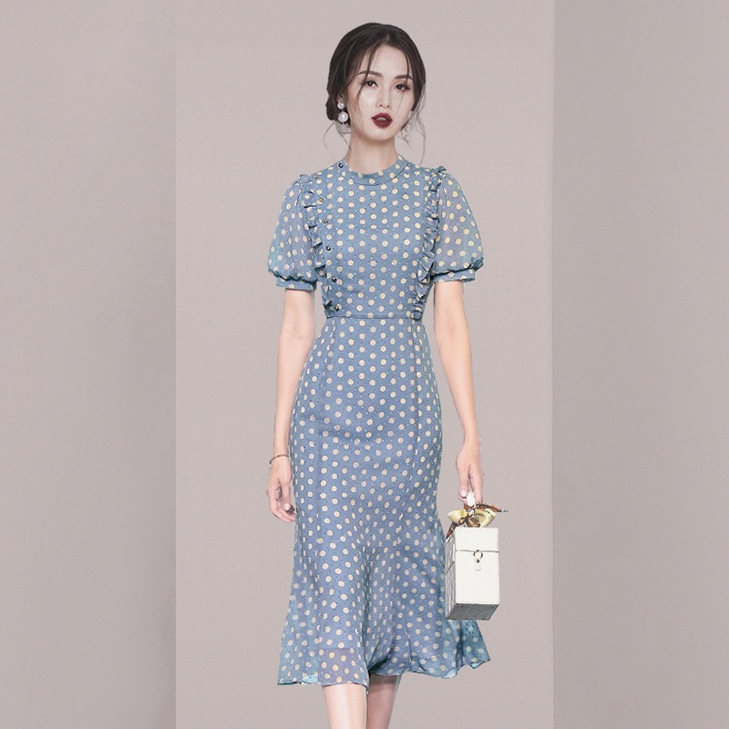 新作 春 ワンピース ドット模様 ラウンドネック カジュアル フォーマル ミドルウエスト ジッパー