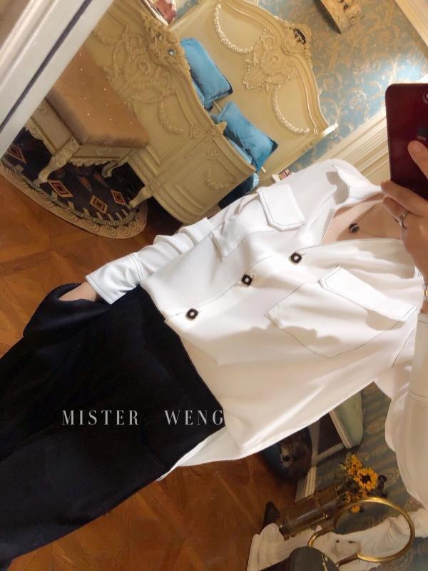 アイテム 春夏 トップスステッチ コントラスト 長袖 3 クレープ ホワイト シャツ