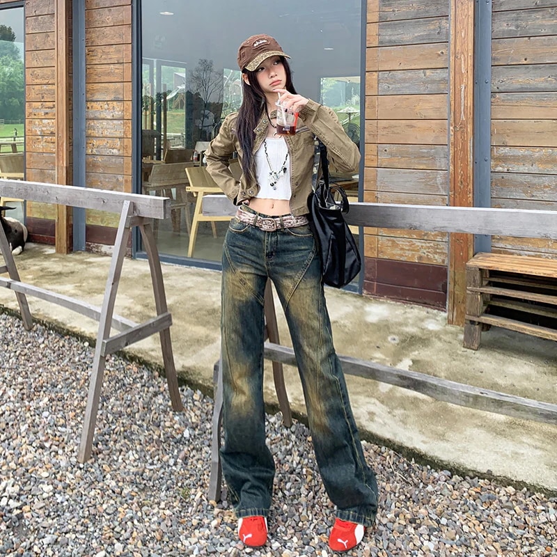 女性用クラシックレトロワイドレッグジーンズハイウエストスリムステッチダメージ加工デザイン多用途モッピングパンツ
