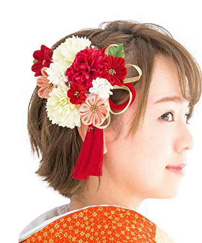 [] (ソウビエン) 髪飾り 成人式 卒業式 つまみ細工 2点セット 赤 レッド 白 ピンク ピンポンマム 菊 花 つまみ細工 丸ぐけ紐 房飾り 髪留め 卒業式 袴 日本製
