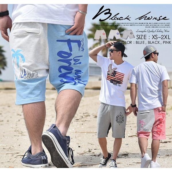ブラックホース ハーフパンツ 裏毛 スウェット ショートパンツ メンズ BLACK HORSE サーフプリントパネルスウェットショーツ ストリート系 ブランド