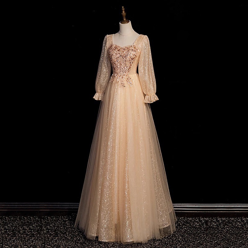 女性用長袖イブニングドレス 2024 新しい宴会気質学生芸術試験シャンパンカラーライト高級ニッチホスト成人式