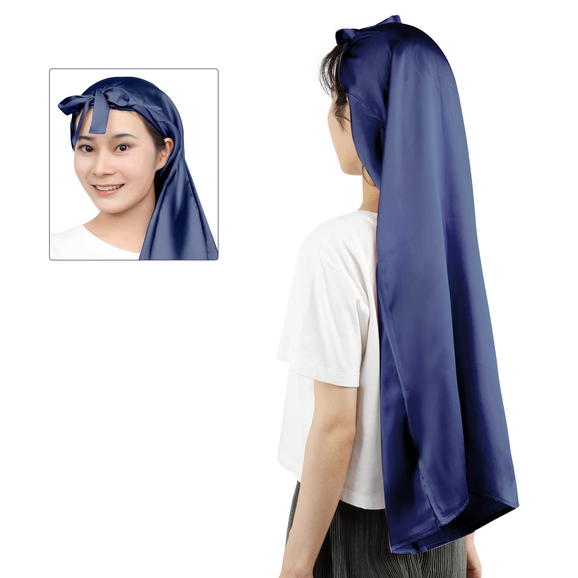 [BeLLφ] 美容師考案 60/80 簡単装着 完全筒形 シルク ナイトキャップ ないときゃっぷ ヘアキャップ ロングヘア用 枝毛防止 摩擦軽減 (ネイビー80（リボン）)