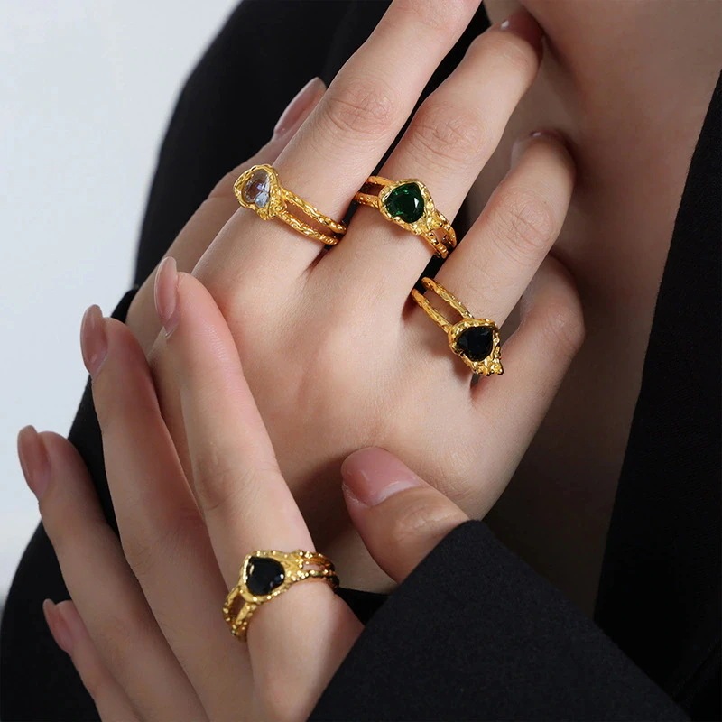 水晶 対応 ニッケルフリー オープンリング 二連風 金属アレルギー 仕上 ゴールド アクセサ ハワイアン リング リング つけっぱなし ハート k 指輪 ステンレス サージカルステンレス