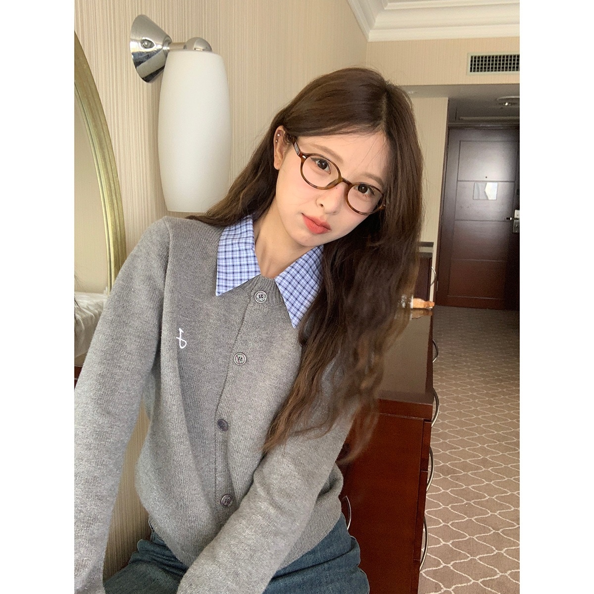 アンクルフェイクツーピースニットカーディガン2024秋レトロ英国風着痩せトップス