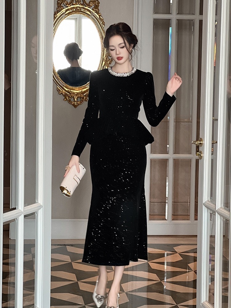 【JY.上品】 秋 フリル キラキラ ワンピース ドレス パーティー キャバ 大人 同窓会 披露宴 卒業式 結婚式 演奏会 ウェディング 二次会 メガ割