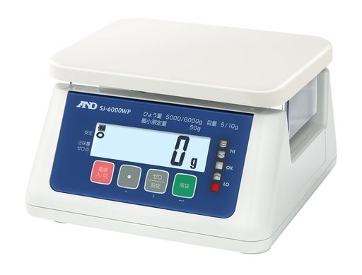 A&D 取引証明用 防塵・防水デジタルはかり SJ-6000WP ひょう量:6000g 最小表示:5~10g(使用範囲:50~6000g) 皿寸法:230(W)*190(D)mm 検定付:使用地区制限