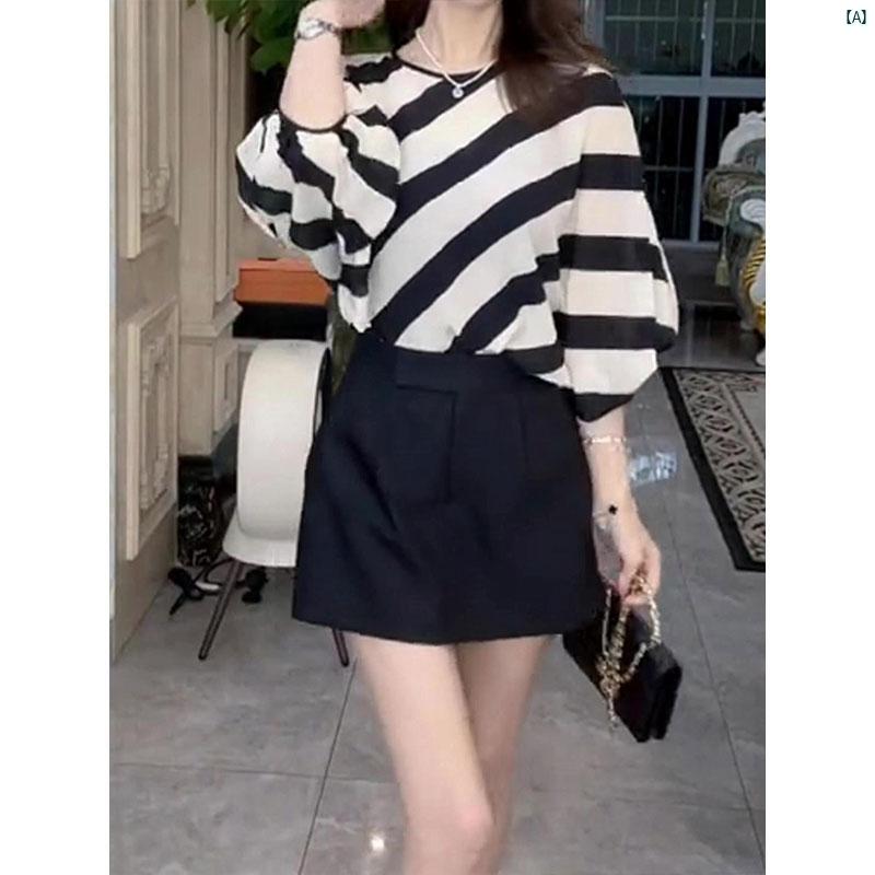 レディース ファッション　オシャレ　綺麗　大歳　上品 ブラック ホワイトストライプ シャツ 夏 カジュアル スリム トップ 5,044円