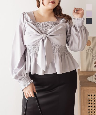 大きいサイズ レディース LL 3L 4L XL XXL XXXL CLETTEオリジナルリボンデザイン長袖シャーリングブラウス