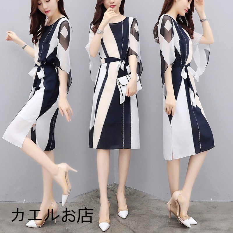 ワンピースレディース40代春夏膝丈ワンピースきれいめシフォンワンピーススピーカースリーブ配色リボン付 母の日 母の日-0004182