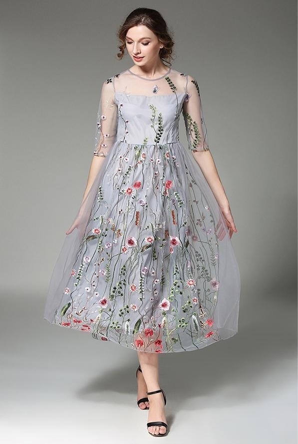 1464.花柄刺繍シースルードレス パーティードレス 二次会 発表会 結婚式 レストラン 2019 春夏 sale