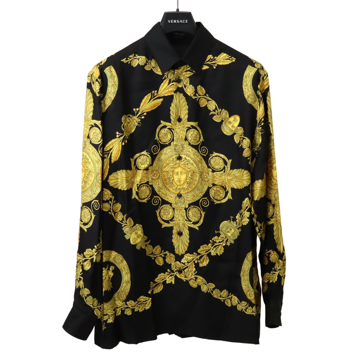 VERSACE ヴェルサーチェ ヴェルサーチ ベルサーチ バロッコ メデューサ 長袖ブラウス 長袖シャツ シルク100% ブラック イエロー #48 Mサイズ