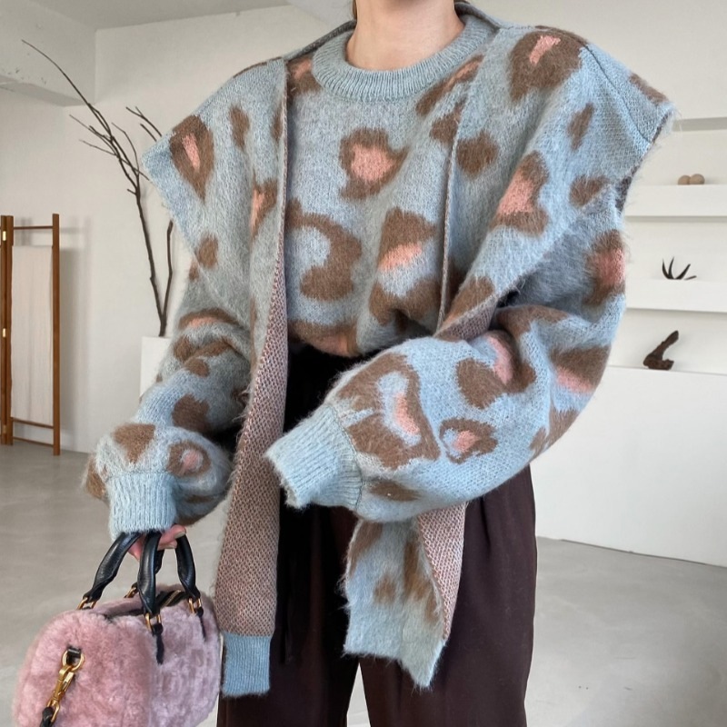 【２点セット】レオパード柄 ニットセーター＋セーターショール ヒョウ柄 ニット セーター プルオーバー 韓国 秋冬 ツーピース ２カラー a3910
