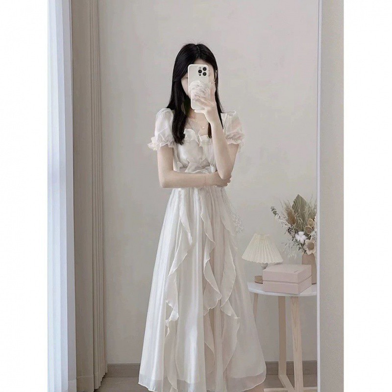 【1つ買うと10つ無料】白いショートスリーブドレス女性の夏の気質スーパー不滅のプリンセススカートスカート穏やかな風の長いスカート