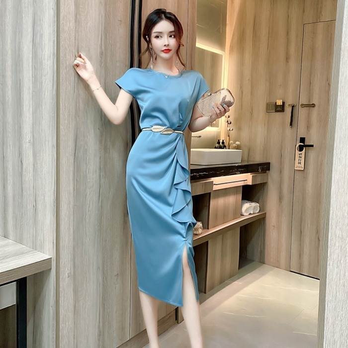 3色 キャバ ドレス ミモレ ミモレ丈 ワンピ おしゃれ スレンダーライン フレンチスリーブ 大きいサイズ XL サイド キャバ キャバ嬢 上品 フレア シャーリング ドレス きれいめ かっこいい キ